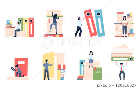 Paperwork scenes. Overload office characters, employers working with paper documents and files. Papers stacks, folders, busy managers recent vector set Paperwork scenes. Overload office characters, employers working with paper documents and files. Papers stacks, folders, busy managers recent vector set 120816627