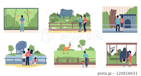 Zoo landscape set. Happy children and parents looking on wild animals in zoological park. Weekend family outdoor walk, nature education recent vector scenes 120816631