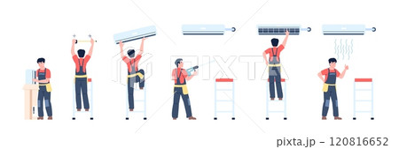 Conditioning system service. Man in uniform brought and installed air conditioner. Repair worker, professional technician of cooling systems, recent vector scene 120816652