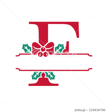 Vector festive, decorative split letter F monogram with Christmas elements, perfect for personalized holiday designs. 120816780