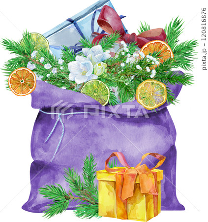 Santa bag open with gift. Watercolor illustration Santa bag open with gift. Watercolor illustration 120816876