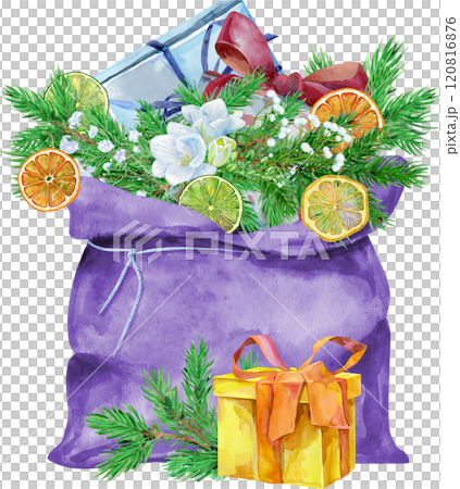 Santa bag open with gift. Watercolor illustration Santa bag open with gift. Watercolor illustration 120816876