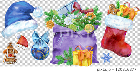 Christmas Santa hat, bag, ball and sock for gift, watercolor illustration Christmas Santa hat, bag, ball and sock for gift, watercolor illustration 120816877