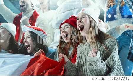 Group of young emotional sports fans, women and men, cheering passionately in stands during winter sports game. 120817237