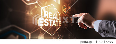 Real estate investment. Businessman pressing on virtual screens 120817255