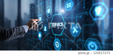 Businessman presses a button Service. Technical Support Customer Business Technology Internet Concept Businessman presses a button Service. Technical Support Customer Business Technology Internet Concept 120817273