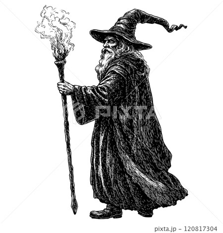 Wizard Magic Staff in Hand Detailed Vintage Engraving Illustration White Background Intricate Texture Classic Fantasy Art Antique Style Spellcaster Graphic Vintage Sorcery Design 120817304