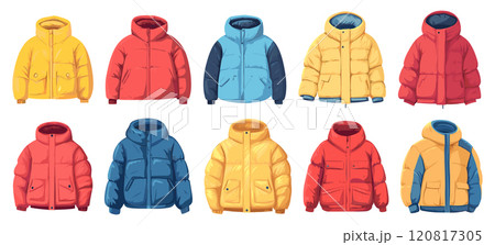 Winter Jacket Cartoon Set on White Background with Bright Colors Fun Design Clothing Art Playful Graphics Design Outerwear Collection Stylish Jackets Icons Seasonal Fashion Design 120817305