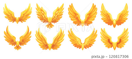 Wings Golden Sign Cartoon Set White Background Bright Colors Fun Design Decorative Art Playful Graphics Design Angel Wings Collection Symbolic Wings Icons Heavenly Imagery 120817306