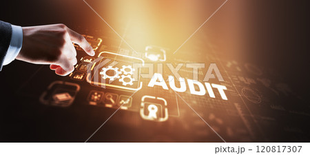 Audit. Checking the financial statements of the company. Businessman touching Audit on 3d virtual screen 120817307