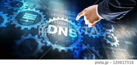 DNS. Domain name System on virtual screen. Network Web Communication 2024. Mixed media 120817318