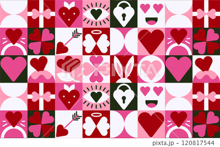 Valentine Day Romantic Seamless Pattern, Pink, Red, and White Love Icons in Bauhaus Flat Style 120817544
