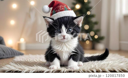 A cute little fluffy Felix kitten in a Christmas hat. Merry Christmas and happy New Year. High quality photo 120817850