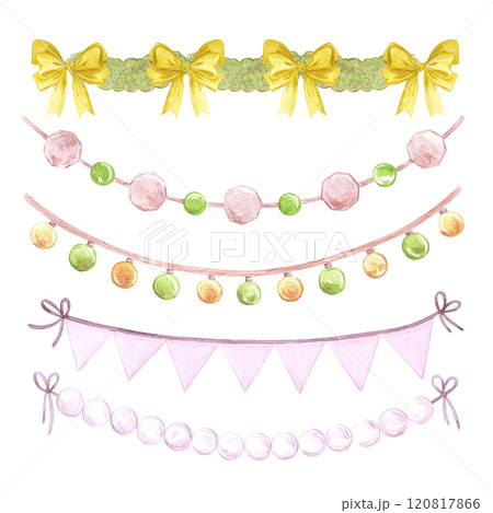 Carnival garlands. Hand drawn watercolor Christmas and New Year illustration isolated on white background. Can be used for postcard, label, scrapbook and other printed products. 120817866