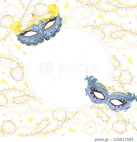 Carnival mask with garland. Hand drawn watercolor masquerade frame border with string of lights isolated on white background. Can be used for postcard, invitation and other printed products. 120817885