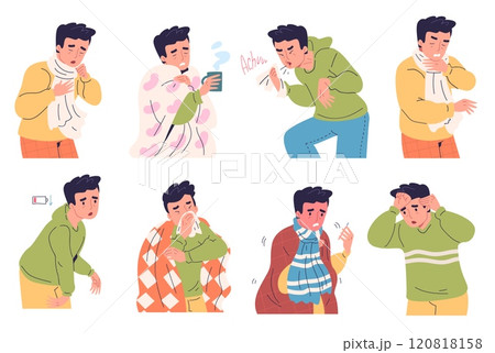 Man cold symptoms. Male person feeling fever coldness weak headache flu illness symptom, chilling coughing sick guy common influenza infection, cartoon classy vector illustration Man cold symptoms. Male person feeling fever coldness weak headache flu illness symptom, chilling coughing sick guy common influenza infection, cartoon classy vector illustration 120818158
