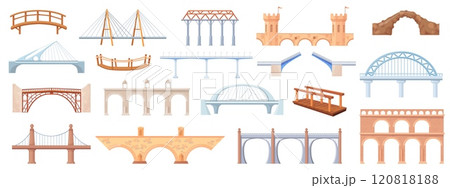 Cartoon bridges architecture. Modern river bridge concrete iron structure construction suspension, car transportation support railway transport connection neat vector illustration 120818188