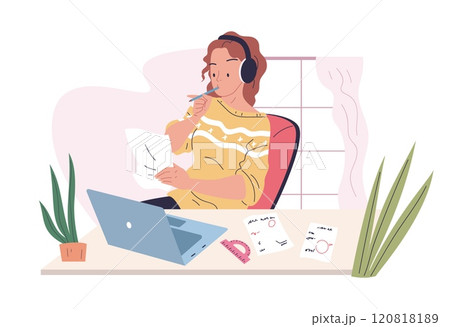 Student distant workspace. Woman employee with laptop paperwork in home office, school working with online learner remote computer work exam freelance education vector illustration Student distant workspace. Woman employee with laptop paperwork in home office, school working with online learner remote computer work exam freelance education vector illustration 120818189