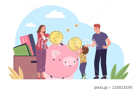 Family budget. Parents and kid boy get money coins in piggy bank, families financial plan invest savings concept couple with children large deposit save vector illustration 120818195