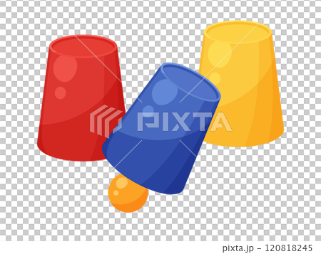 Illustration of a magic trick using cups and balls 120818245