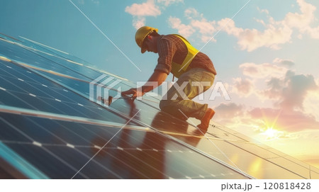 Builder Installs Solar Panels On The Roof 120818428