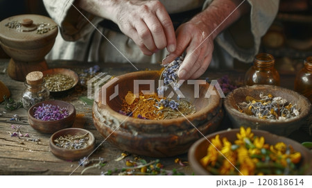 Herbalist Mixing A Healing Salve 120818614