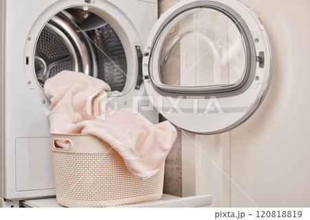 Modern washing machine and basket with laundry, laundry room Modern washing machine and basket with laundry, laundry room 120818819