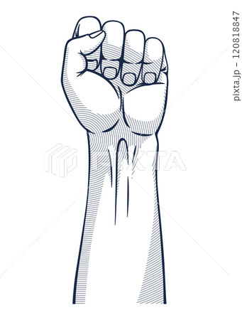 Rised fist hand gesture monochrome drawn emblem. Vector hand clenched into fist and rising up, symbol isolated on white background. Power sign. Human hand up in the air Rised fist hand gesture monochrome drawn emblem. Vector hand clenched into fist and rising up, symbol isolated on white background. Power sign. Human hand up in the air 120818847