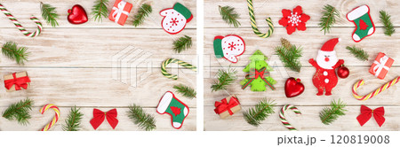 Christmas frame made of fir branches decorated with candy canes and boxes on a light wooden background Christmas frame made of fir branches decorated with candy canes and boxes on a light wooden background 120819008