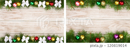 Christmas frame made of fir branches decorated with balls and bows on a light wooden background Christmas frame made of fir branches decorated with balls and bows on a light wooden background 120819014