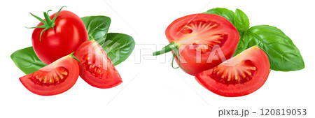 Tomato with slices isolated on white background with full depth of field. Tomato with slices isolated on white background with full depth of field. 120819053