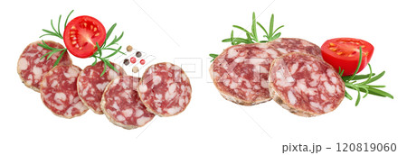 Cured salami sausage slices isolated on white background. Italian cuisine with full depth of field. Top view. Flat lay. Cured salami sausage slices isolated on white background. Italian cuisine with full depth of field. Top view. Flat lay. 120819060