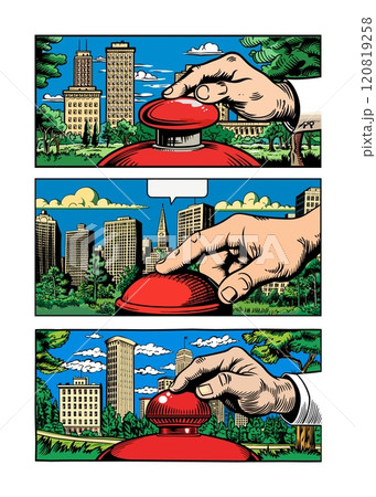 Pop art hand pressing big red button. Close up wrist with emergency switch, president prime minister supreme commander nuclear control symbol with cityscape backdrop, comic or manga style posters 120819258