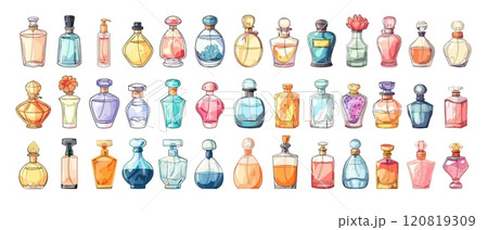 Cartoon perfume bottles. Aroma for woman and man, odor fragrance flavor in glass vials with sprayers, elegant design fashion flasks cosmetic eau de toilette bouquet body spray containers isolated Cartoon perfume bottles. Aroma for woman and man, odor fragrance flavor in glass vials with sprayers, elegant design fashion flasks cosmetic eau de toilette bouquet body spray containers isolated 120819309