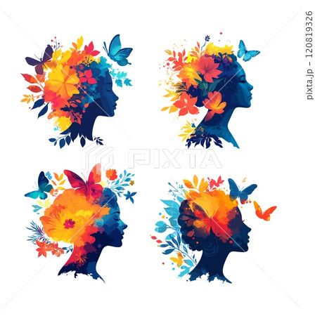 Cartoon mental health concepts. Woman head portrait with flowers on hair, calm female avatars relax thinking mind, positive brain thoughts wellness psychological care isolated vector illustrations 120819326