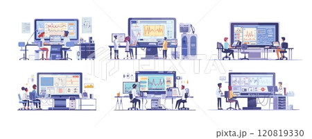 Cartoon lie or truth detection scenes. Tiny characters with huge monitor, man woman back view personages examining heart pulse bars and charts, watching human body physiological reactions on polygraph 120819330