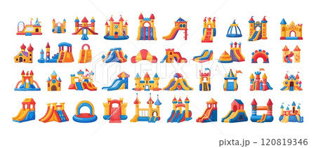Cartoon inflatable castles. Pneumatic children fortress with trampolines and slides, kid recreation activity fun attractions playgrounds stuff, vector illustrations isolated on white background 120819346