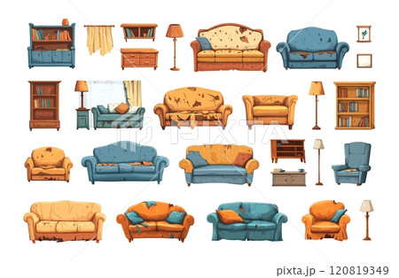 Cartoon furniture remains. Abandoned old living room dirty and broken sofa table cupboard with chair and floor lamp, dusty couch with torn upholstery ruined home decor, isolated vector illustrations 120819349