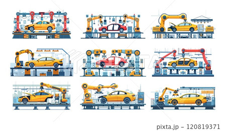 Cartoon car production process. Automobile factory robotics arm weld vehicle body, automatic conveyor manufacture line, heavy industry machinery plant, isolated vector illustrations on white backdrop Cartoon car production process. Automobile factory robotics arm weld vehicle body, automatic conveyor manufacture line, heavy industry machinery plant, isolated vector illustrations on white backdrop 120819371