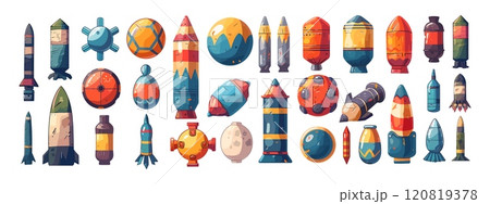 Cartoon bombs and missiles. Military explosive rockets, grenades dynamite devastating ammo weapon, tnt detonation demolition ammunition for battles or warfare, isolated vector illustration 120819378