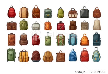 Cartoon bags and luggage. Suitcases backpacks travel journey storage keeping stuff accessories, isolated vector illustration on white background 120819385