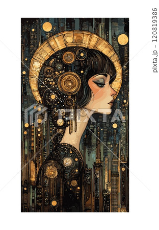 Cartoon art deco woman portrait. Female elegant profile head in black dress, smokey makeup and big blue eyes with golden halo, metallic bronze patterns retro cityscape behind, vector illustration 120819386