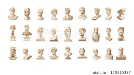 Cartoon antique bust sculptures. Marble head statues of men and women, gods emperors commanders and philosophers, stone granite ancient art works historical artifacts, isolated vector illustrations 120819387