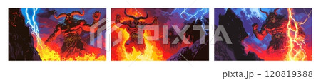 Cartoon ancient god. Horned giant demon with lightings, hell servant conjuring spell using flame storm, burning fire abyss magical old evil creature devil character, scorching overlord illustrations 120819388