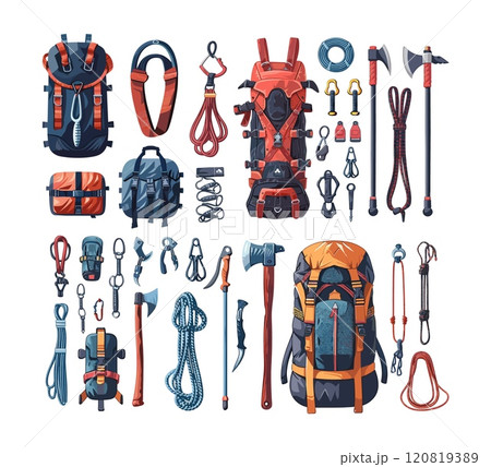 Cartoon alpinist equipment. Ice axes knives ropes with backpacks boots and helmet, cords carabiners and straps crampons, sport inventory climbing mountains gear, isolated vector illustrations 120819389