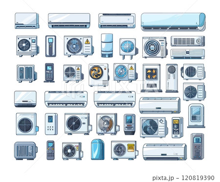 Cartoon air conditioners. Industrial and home ventilation conditioning heating or cooling systems with fans, split and single climate control remote devices, illustrations isolated on white backdrop 120819390