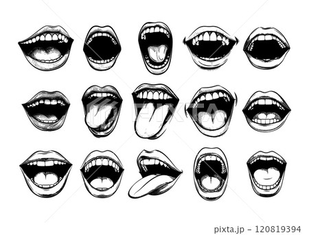 Black ink sketch smiling mouths. Open and closed grinning with plump lips teeth and tongue different emotion human face part, monochrome vector isolated illustrations on white background 120819394