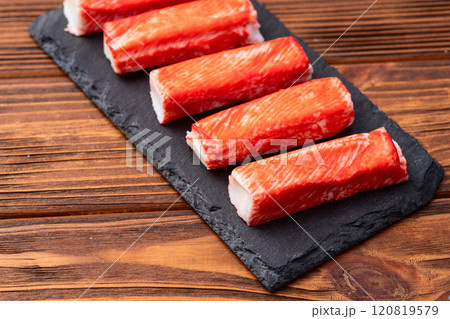 Crab sticks from fish surimi photography . Top view 120819579