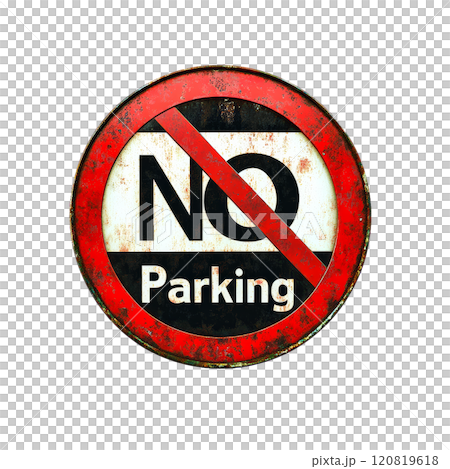 A round, red and white sign with a slash through the word "NO" and the word "PARKING" beneath it, isolated on a transparent background. 120819618