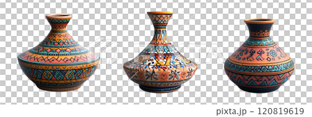 Three views of an ornamental vase, adorned with intricate, colorful patterns, are presented. Three views of an ornamental vase, adorned with intricate, colorful patterns, are presented. 120819619